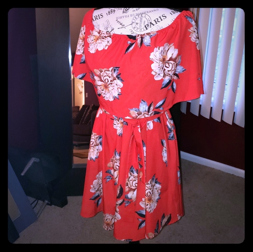 Pretty Floral Off Shoulder Dress w/ belt